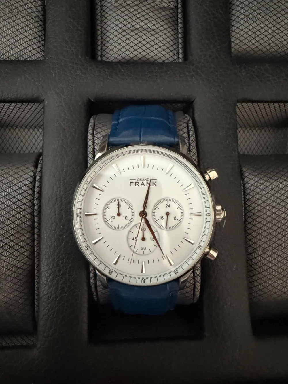 Grand Frank Quartz Montpellier White Chronograph Blue Leather Strap Watch